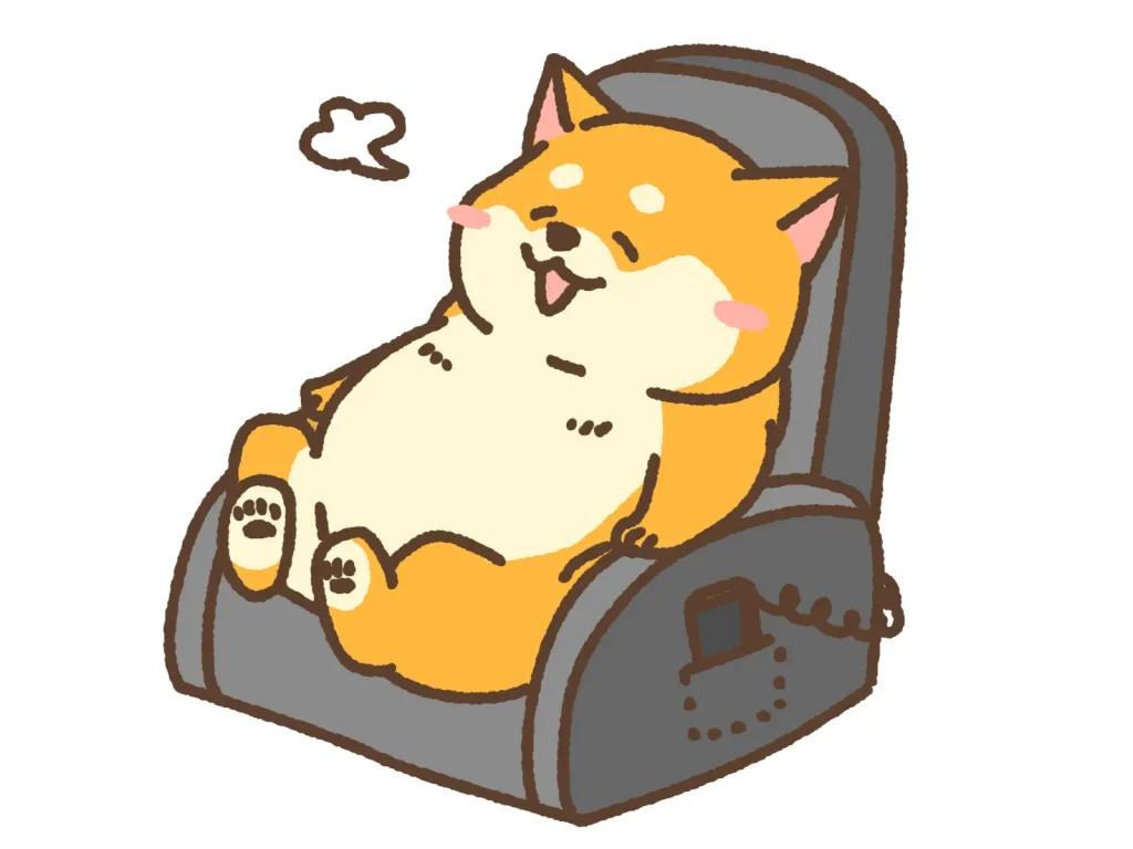 大阪市鶴見区・今福鶴見 Kaisei Seikotsuin マッサージ機に座る柴犬のイラスト。肩こり・腰痛ケアのイメージ。