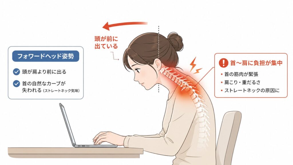 パソコン作業で頭が前に出て首や肩に負担がかかっている女性のイラスト