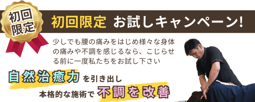初回限定 お試しキャンペーン! 少しでも腰の痛みをはじめ様々な身体の痛みや不調を感じるなら、こじらせる前に一度私たちをお試し下さい 自然治癒力を引き出し、本格的な施術で不調を改善