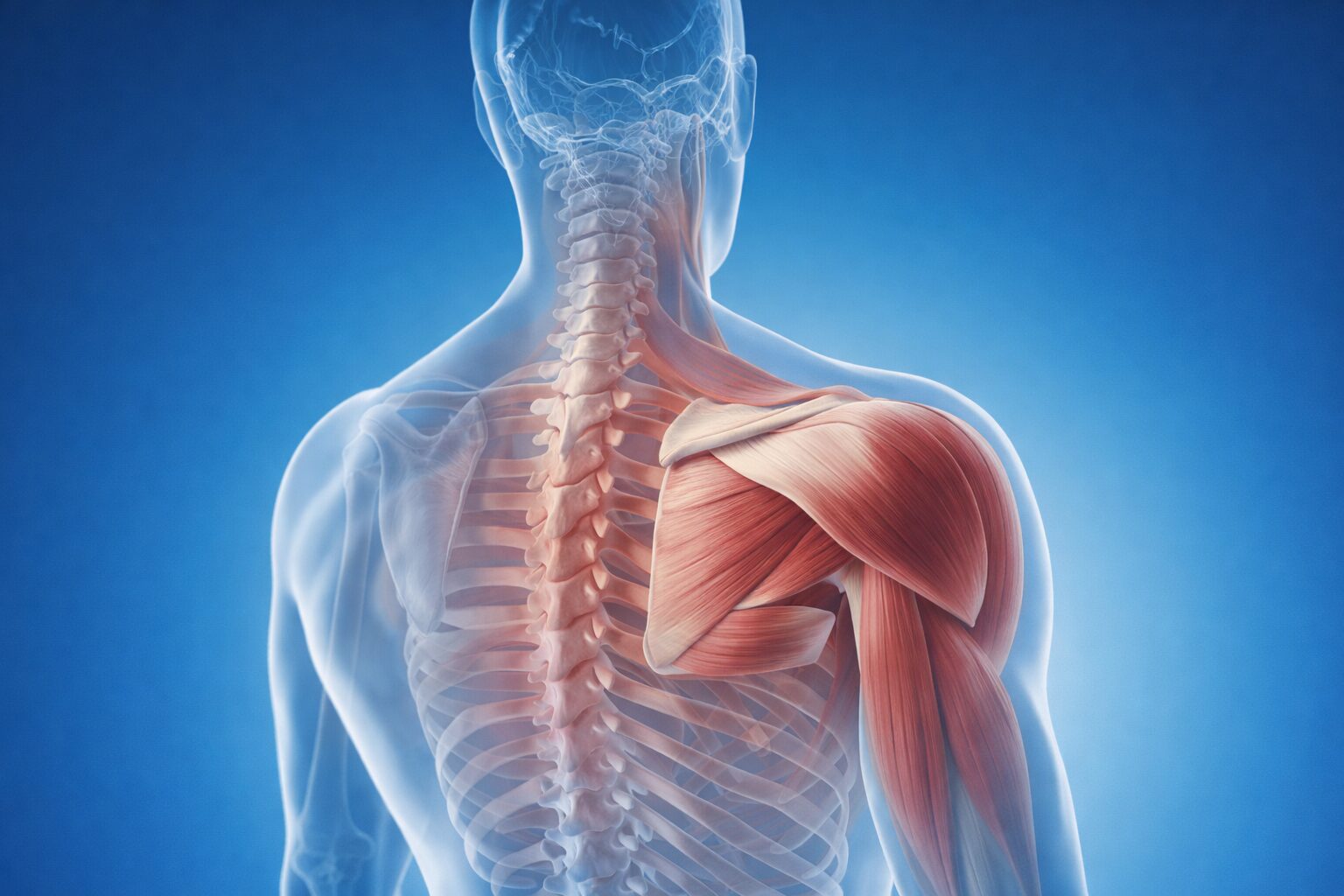 肩甲骨まわりの筋肉や骨の位置関係を示した解剖学的な写真風イメージ