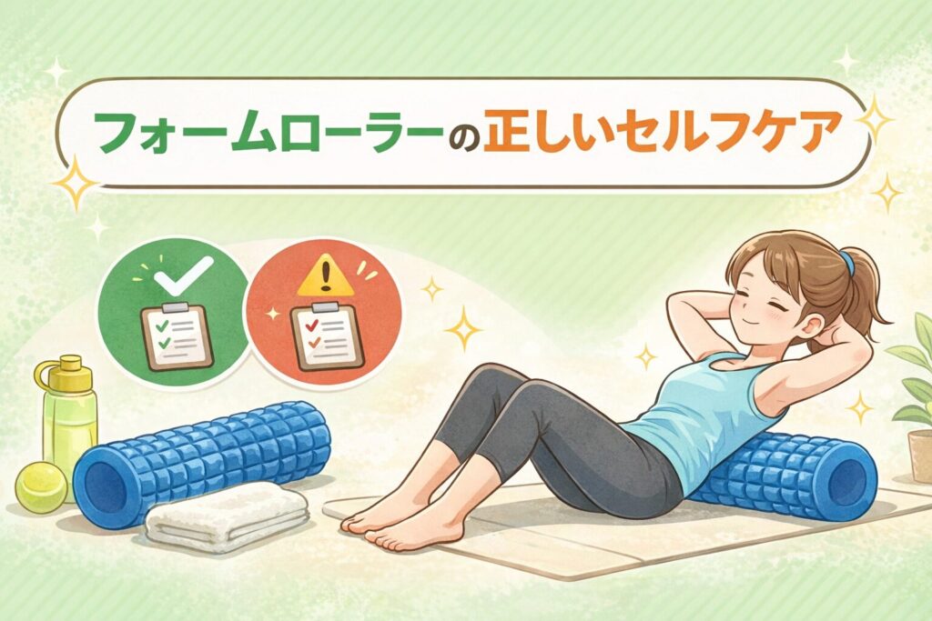 フォームローラーを使った正しいセルフケア方法と、注意点を示したイラスト