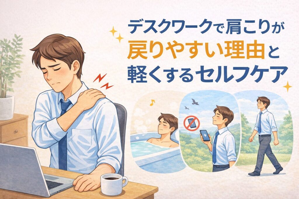 デスクワークで肩こりが戻りやすい理由とセルフケアのイラスト