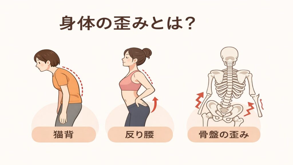 猫背・反り腰・骨盤の歪みなど身体の歪みの例を示したイラスト