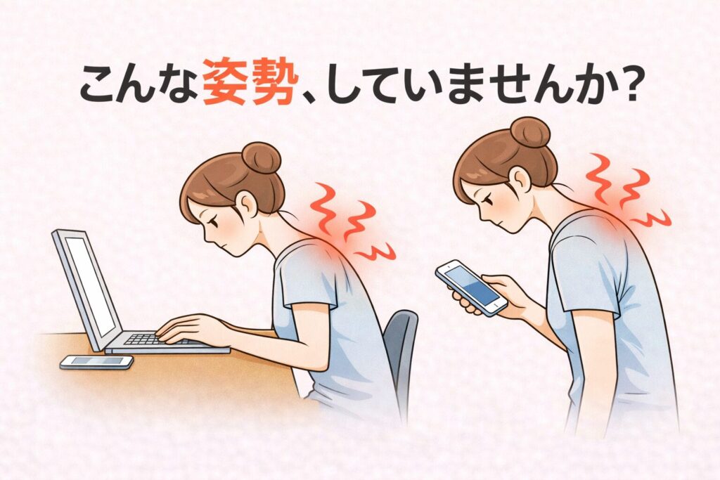 猫背でスマホを見る女性の姿勢イラスト