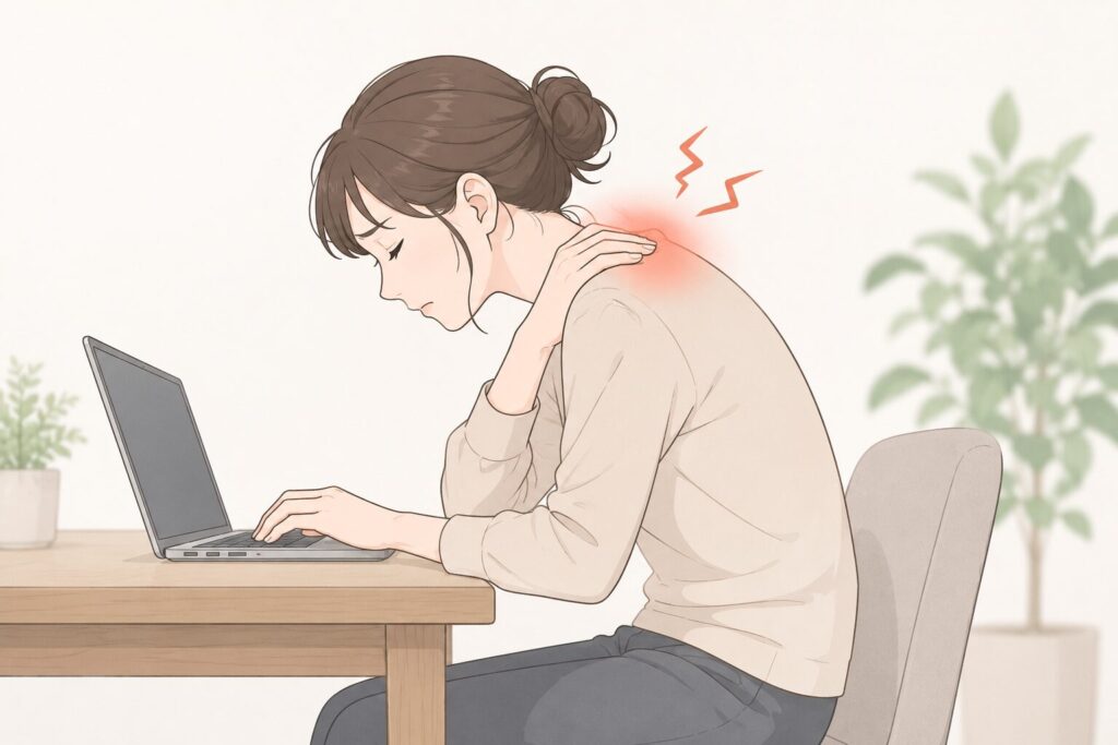 デスクワーク中に肩こりで首や肩に負担がかかっている女性