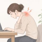 デスクワーク中に肩こりで首や肩に負担がかかっている女性