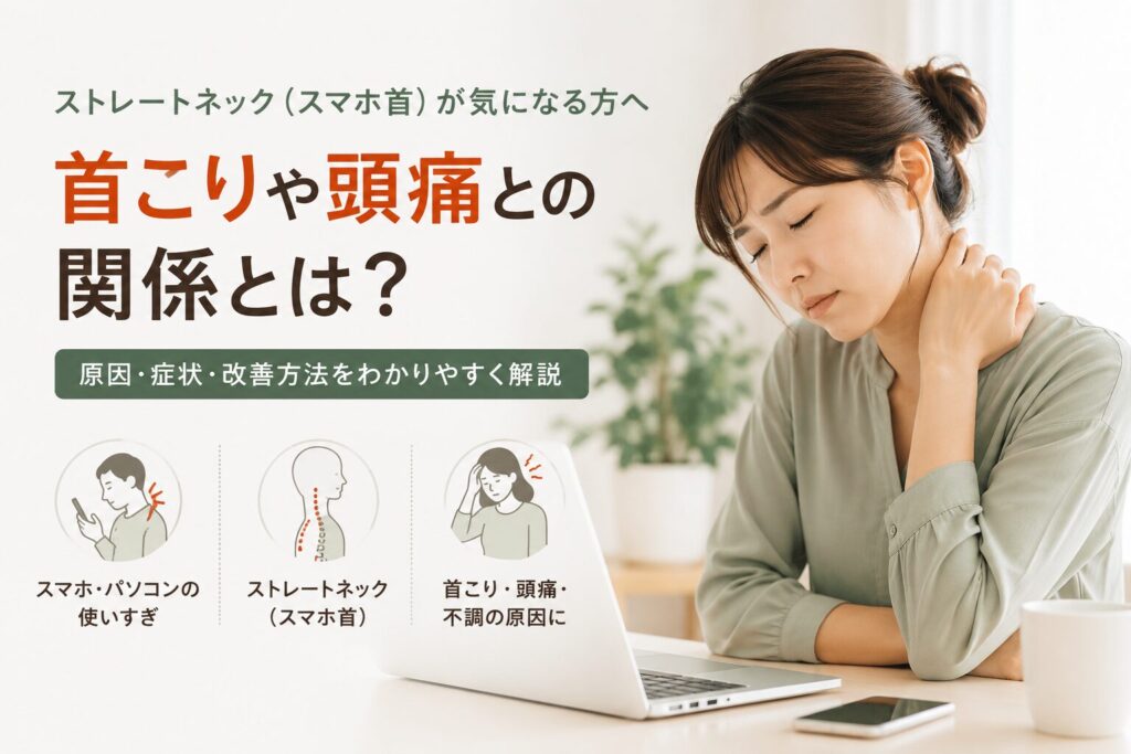 ストレートネックによる首こりや頭痛に悩む女性