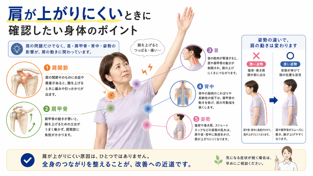 肩が上がりにくいときに確認したい肩関節・肩甲骨・首・背中・姿勢のポイント